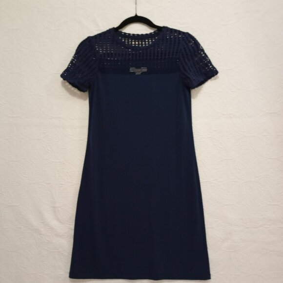Michael Kors Womens XS Navy Dress With Mesh Yoke Short Sleeves Made In Vietnam - Picture 1 of 12